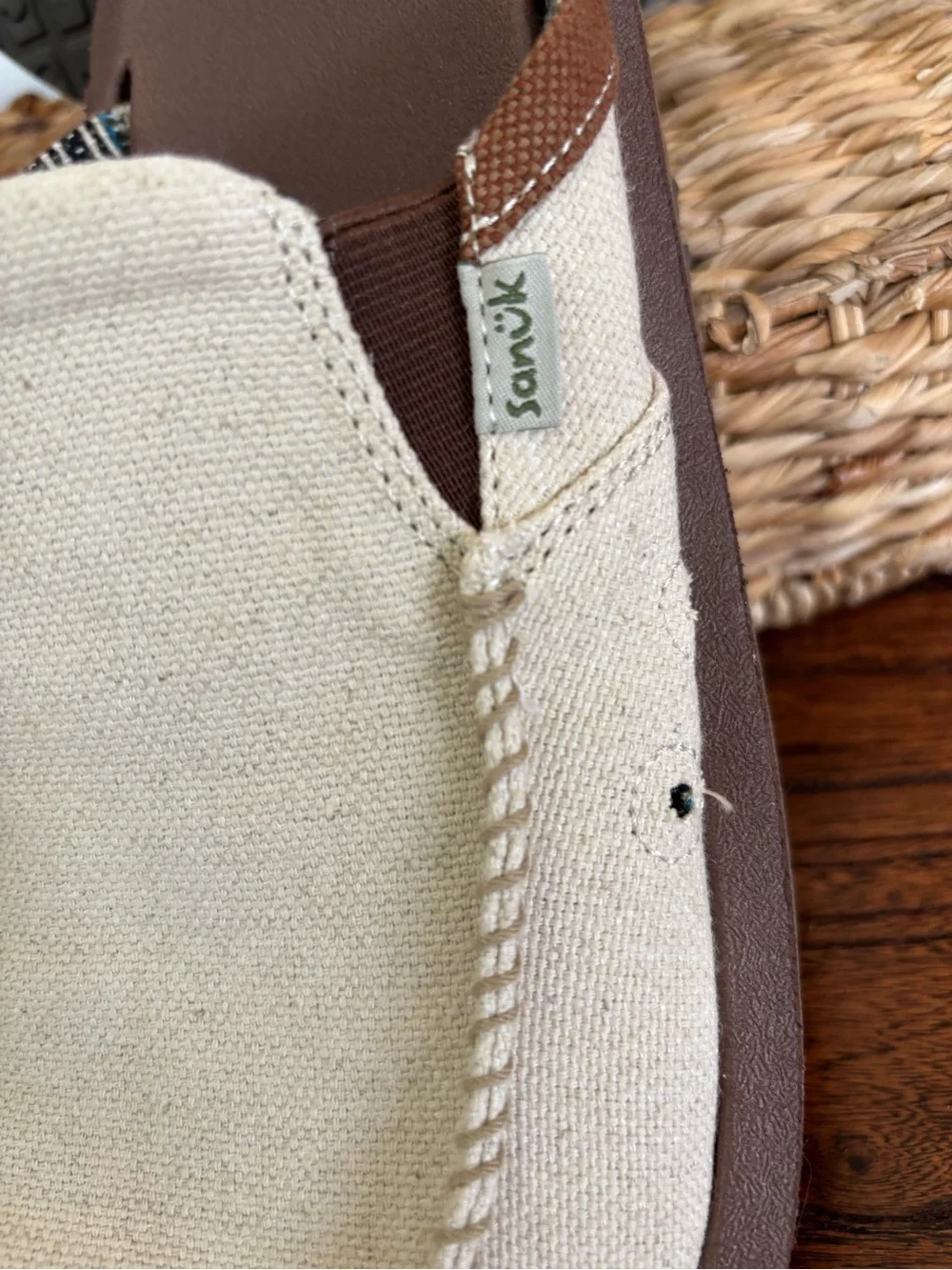 Sanuk Men’s Beige Canvas Slip-On Sandal with Brown Footbed